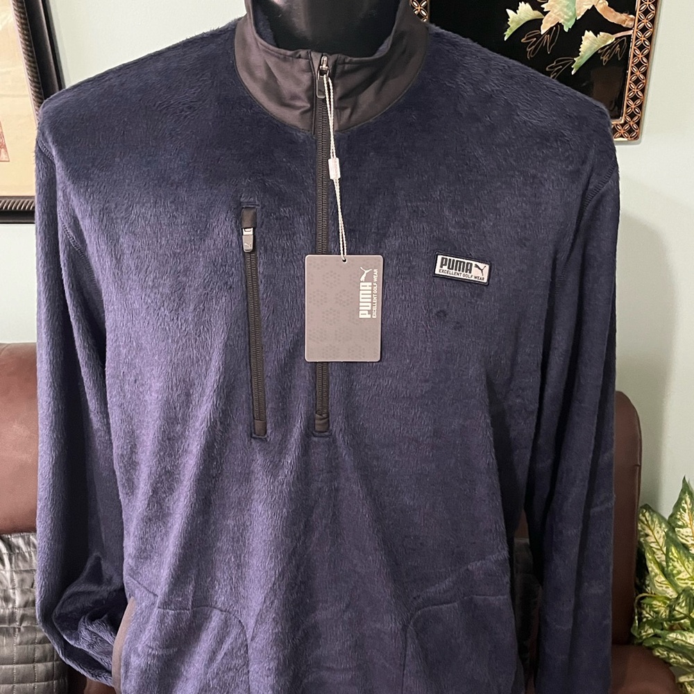 Puma Excellent Golf Wear 1/2 Zip Pullover Zip Pocket faux Fur Men Blue XXL, NWT